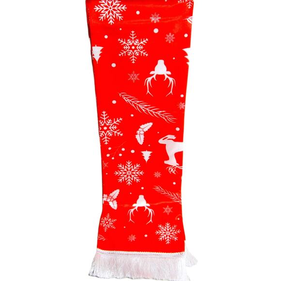 Winter Silk Scarf Red with White Tassels Deer Snowflakes Holly 56 inches long - Picture 2 of 3